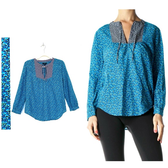 J. Crew Silk Blend Floral Blouse Peasant Flower-Patch Tie Neck Long Sleeve Blue - Picture 8 of 16